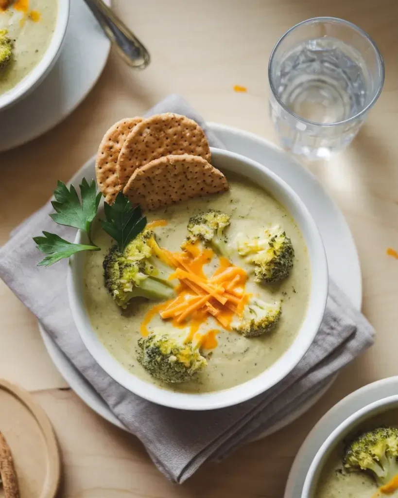 Vegan Broccoli Cheddar Soup served with crackers on a light wood table.