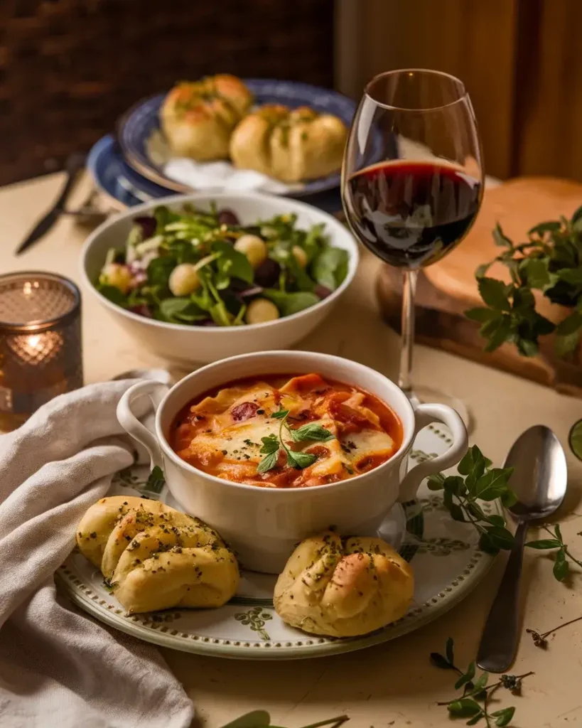 A table with Vegetarian Lasagna Soup served with a green salad, garlic knots, and red wine.