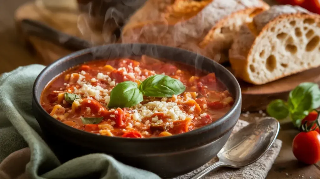 A vibrant bowl of Vegetarian Lasagna Soup with basil and Parmesan cheese on a rustic wooden table.