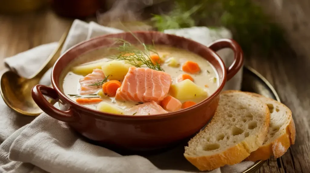 A steaming bowl of Salmon Soup in 30 Minutes with creamy broth, salmon, potatoes, and carrots, garnished with dill.