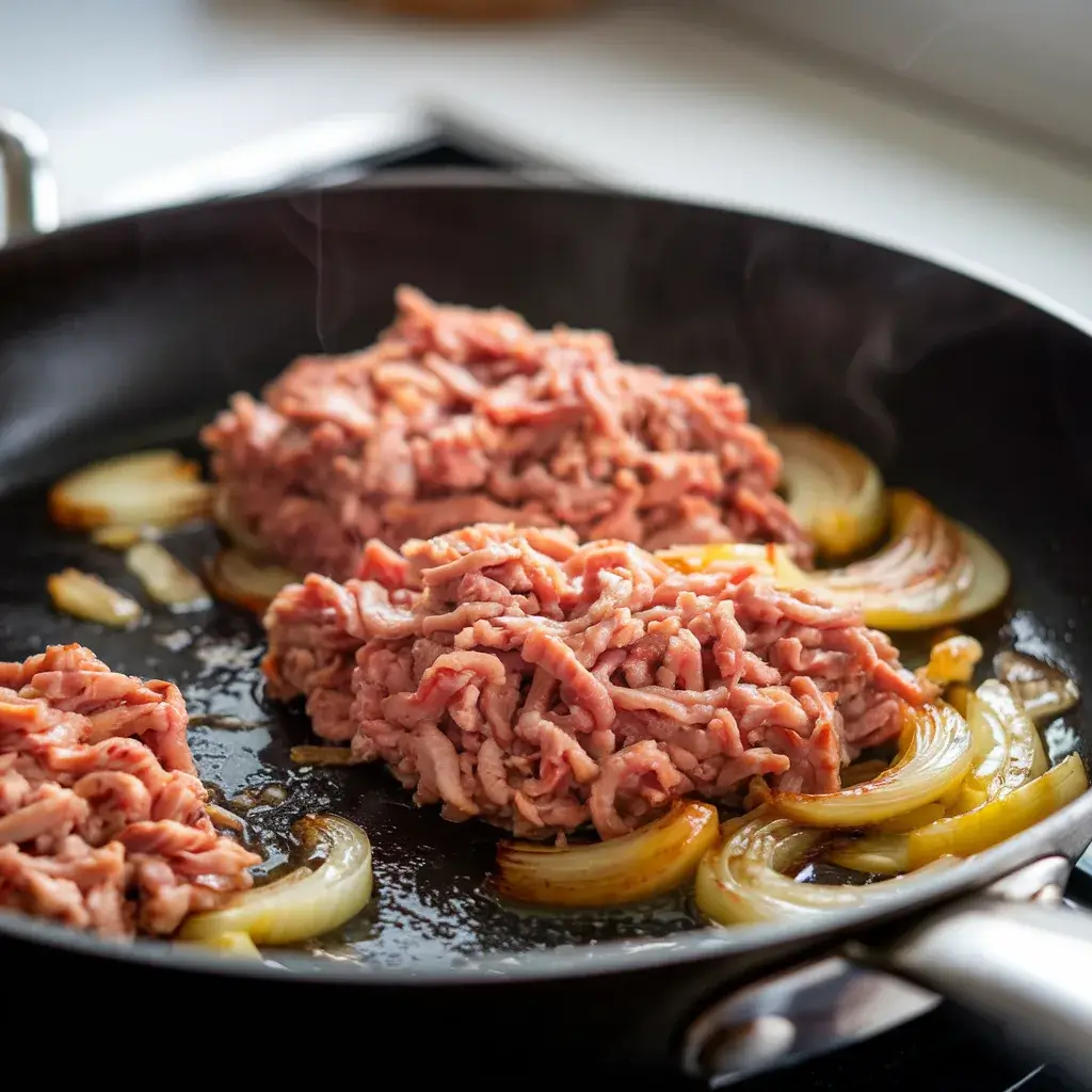 Ground turkey sautéing in a skillet with onions and garlic for turkey cabbage casserole