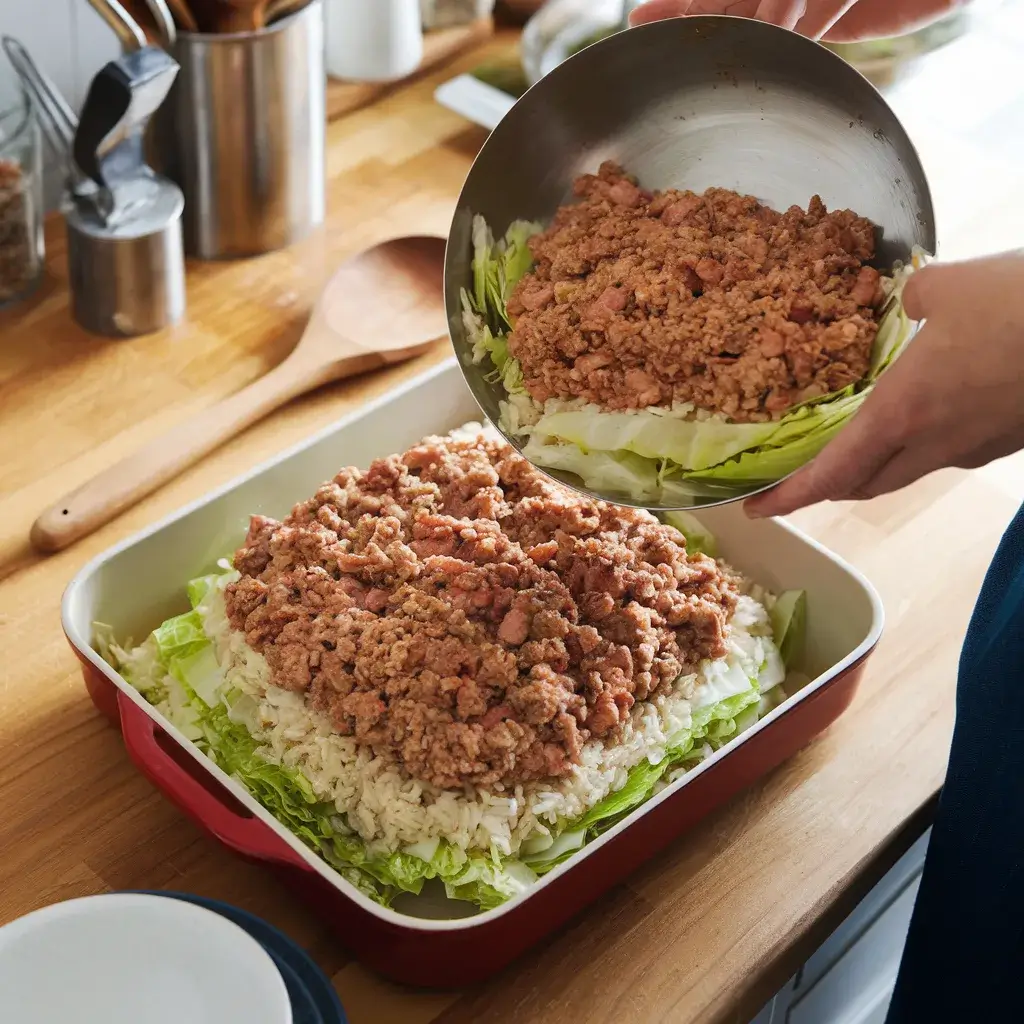 Assembling layers of cabbage, rice, and turkey for a turkey cabbage casserole recipe.