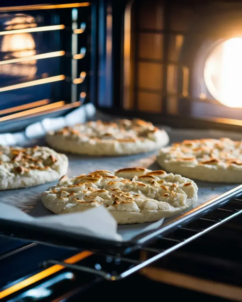 Cottage cheese flatbread baking in the oven, with a golden crust forming under the warm oven light.