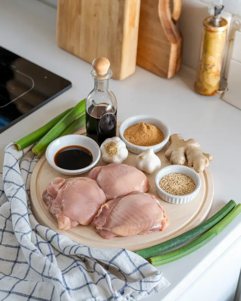 Fresh ingredients for air fryer teriyaki chicken, including chicken thighs, soy sauce, ginger, garlic, and sesame seeds.