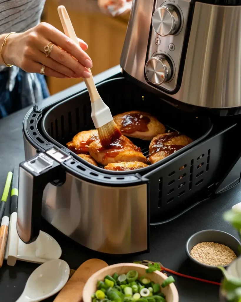 A cook brushing teriyaki glaze onto air fryer teriyaki chicken in an air fryer basket.