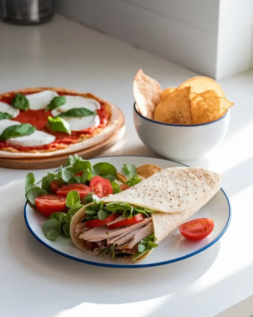 Cottage cheese flatbread used as a wrap with turkey and greens, as a pizza base, and baked into crispy chips.