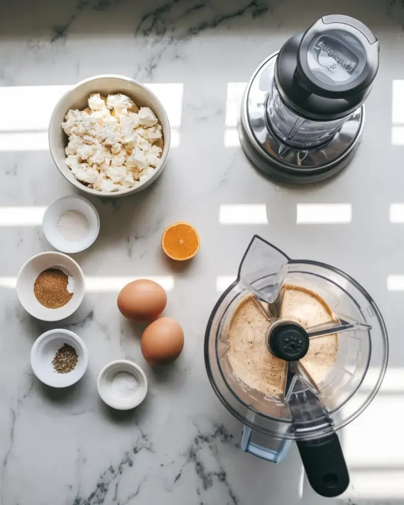 Ingredients for cottage cheese flatbread, including a blender, cottage cheese, eggs, and seasonings, on a marble counter.