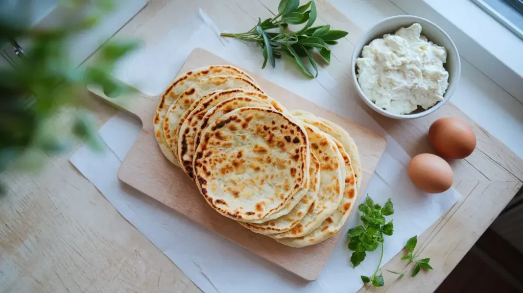 Freshly baked cottage cheese flatbread stacked on a wooden board, surrounded by cottage cheese, eggs, and herbs.