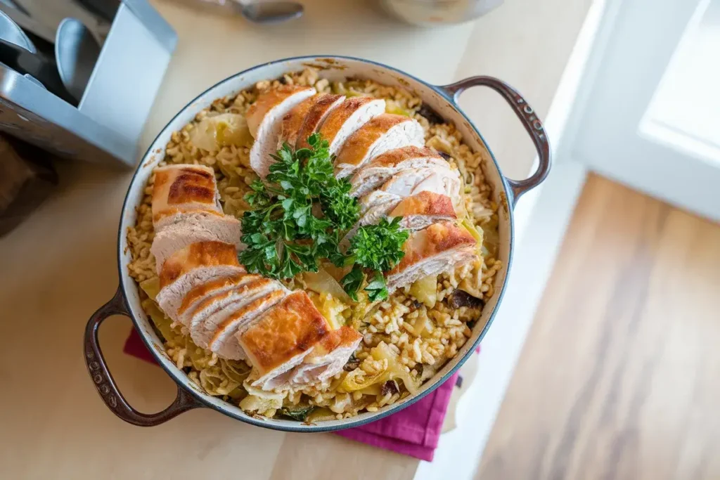 Alt Text: Turkey Cabbage Casserole Recipe with Rice served in a rustic casserole dish, garnished with fresh parsley.