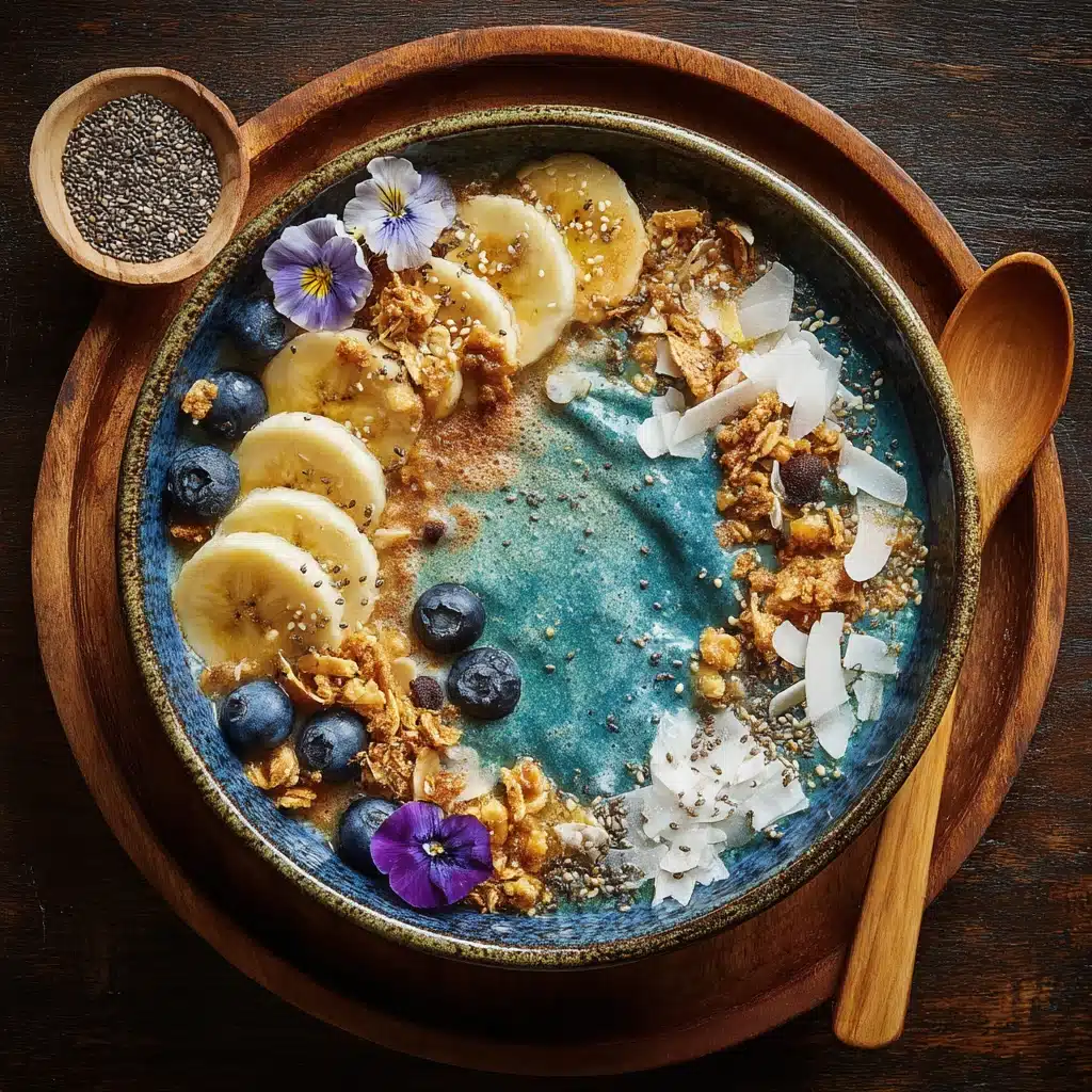 Thick blueberry matcha smoothie served in a bowl topped with banana, granola, coconut, and chia seeds