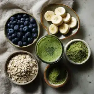 Frozen banana, fresh blueberries, matcha powder, spinach, oats, and almond milk laid out on a linen cloth for a smoothie prep shot
