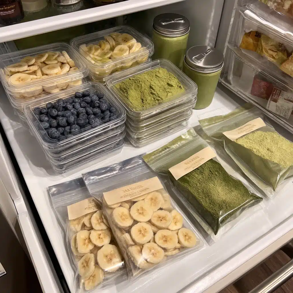 Labeled freezer bags with frozen smoothie ingredients — banana, blueberries, spinach, and oats stacked neatly in a fridge drawer