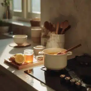 Herbal detox drink simmering in a white pot with lemon and honey