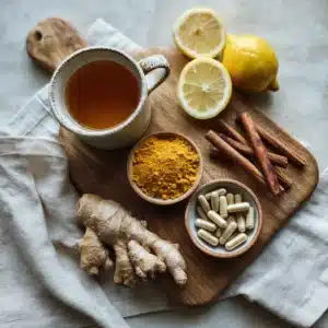 Top-down view of lemon, ginger, cinnamon, turmeric, and capsules on a wooden pad