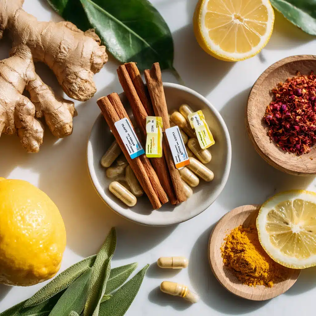 Ginger root, lemon slices, cinnamon, turmeric, and capsules for wellness tea