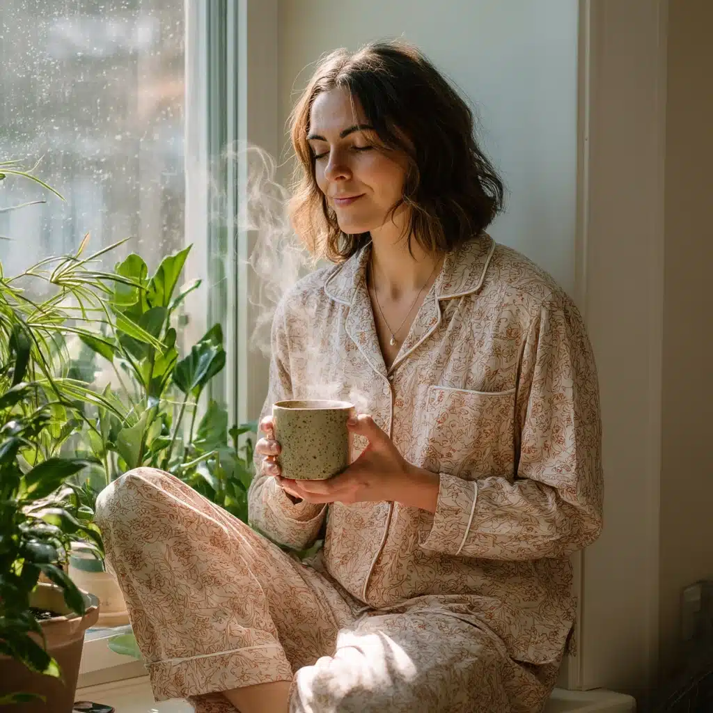 Woman in pajamas sipping herbal tea by the window surrounded by plants