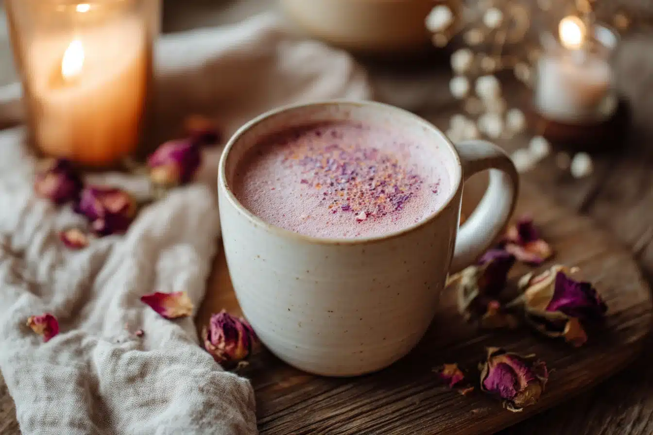 Pink moon milk latte in a cozy nighttime setting