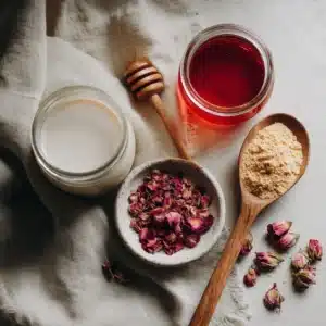 Ingredients for pink moon milk latte including almond milk and cherry juice