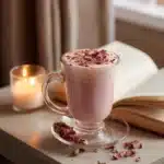 Pink moon milk latte in a cozy nighttime setting