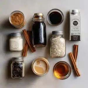 ingredients for horchata oatmilk shaken espresso laid out on table1