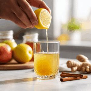 Adding lemon juice to Brazilian detox drink in mason jar