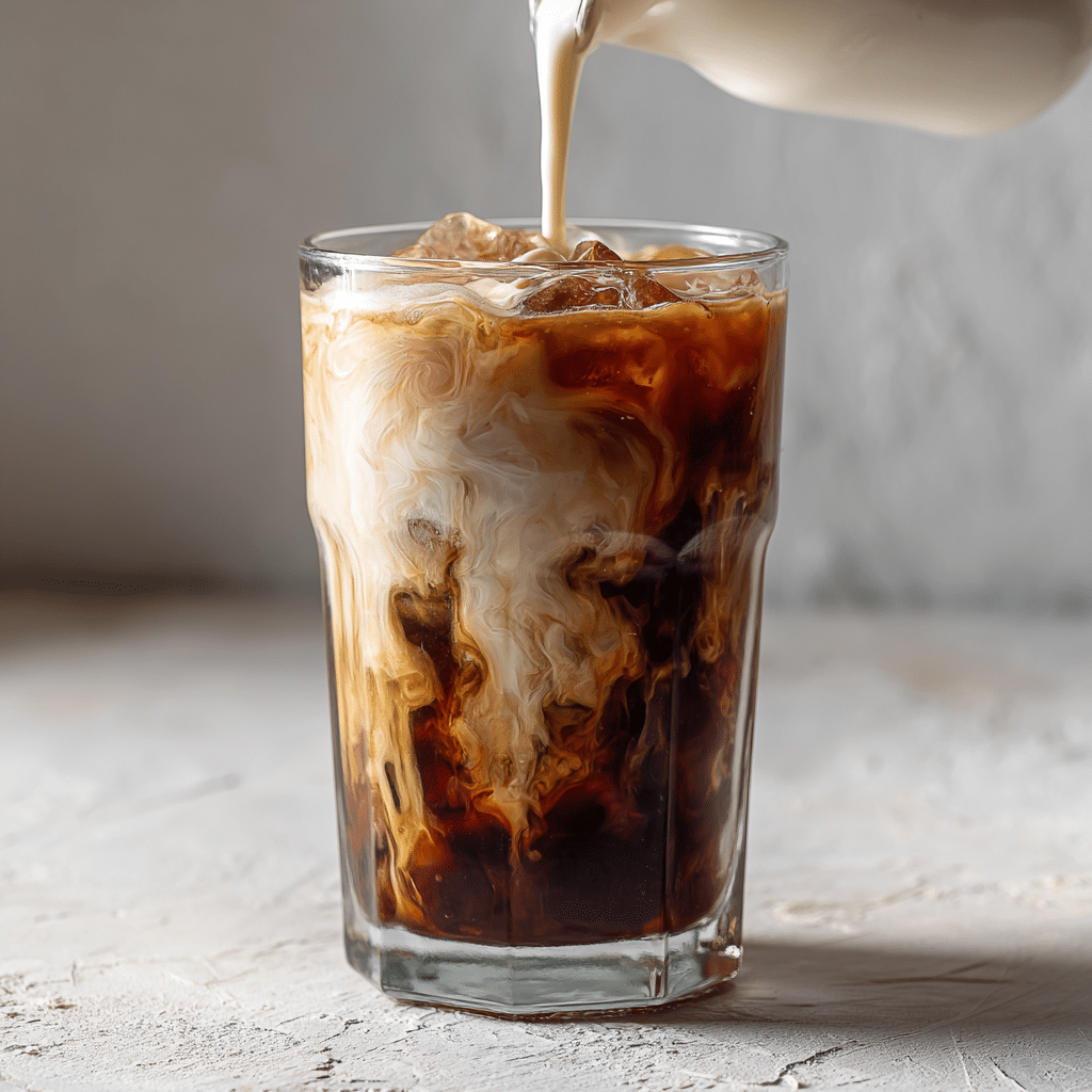 Coconut milk being poured into a layered Midnight Drink in a clear glass.