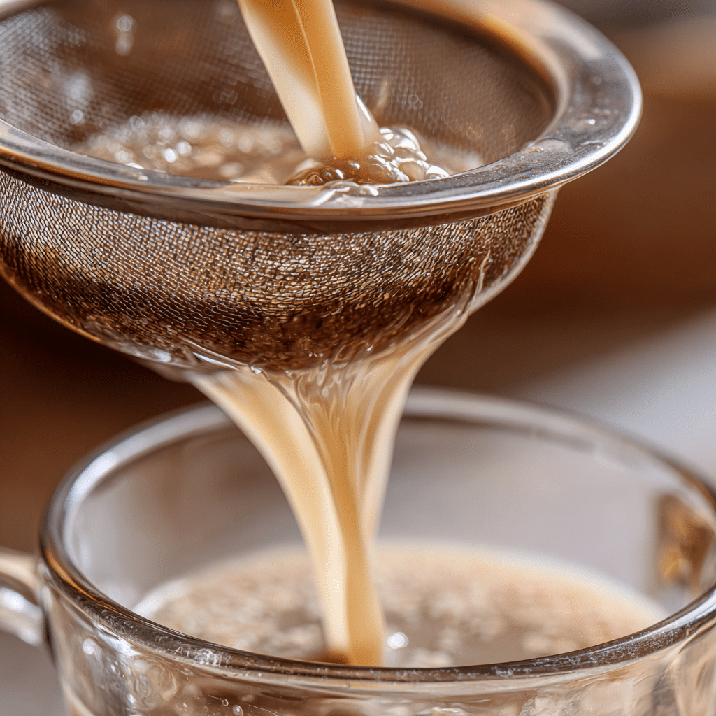 Close-up of creamy oat and vinegar drink being strained into a glass.