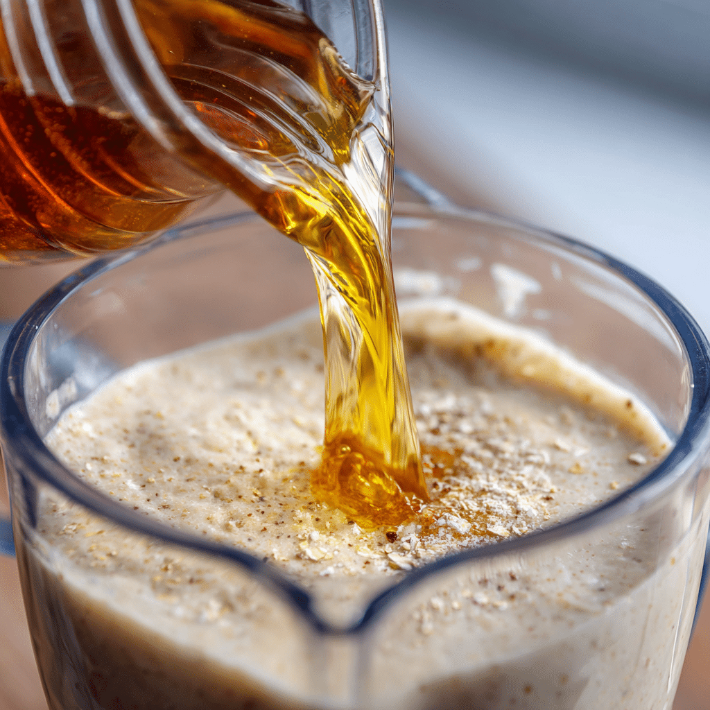 Macro shot of apple cider vinegar, lemon, honey, and sea salt being added to blended oats.