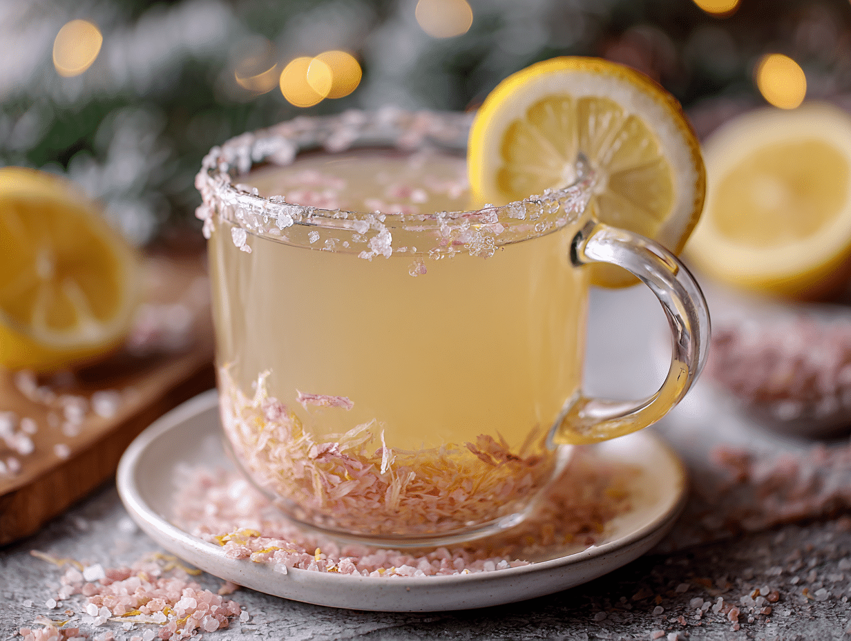 A warm glass of homemade Mounjaro detox drink with lemon, ginger, and pink salt, served in a clear mug on a rustic table.