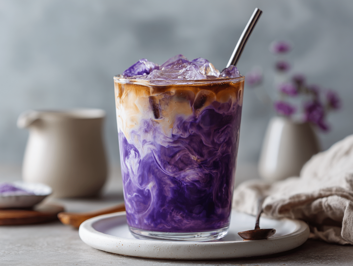 Close-up of an iced ube coconut latte in a clear glass, showing creamy purple layers with espresso and ice.