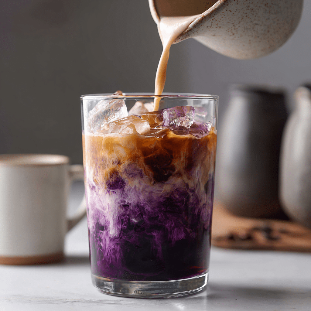 Iced ube coconut latte in a modern glass on a white counter with neutral kitchen accents.