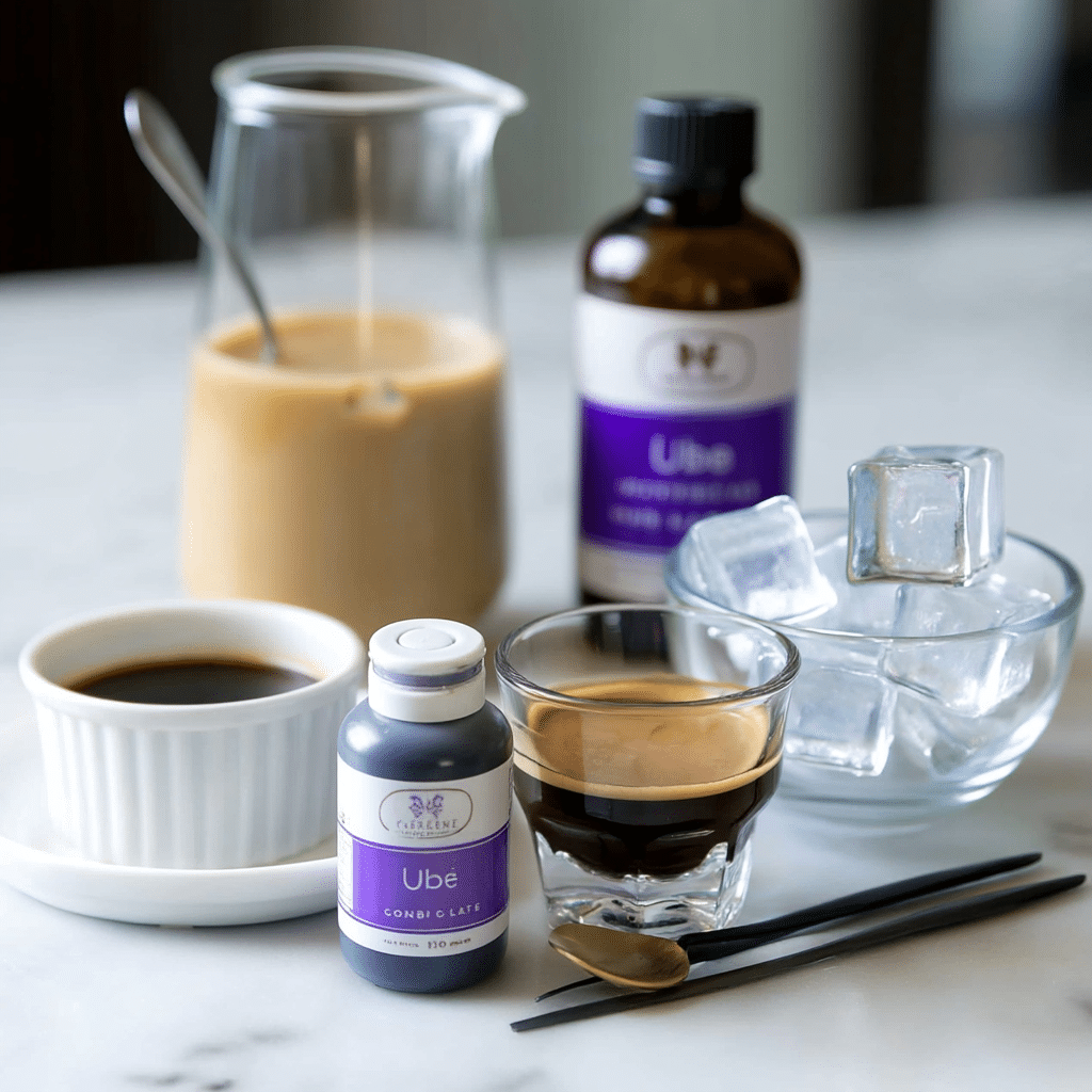 Flat lay of iced ube coconut latte ingredients including sweetened condensed coconut milk, espresso, oat milk, ube extract, and ice.
