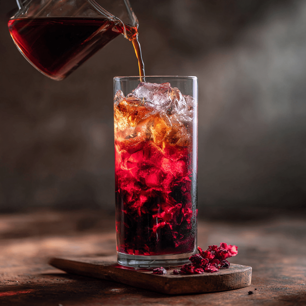 Hibiscus syrup and black tea layered over ice in a clear glass.