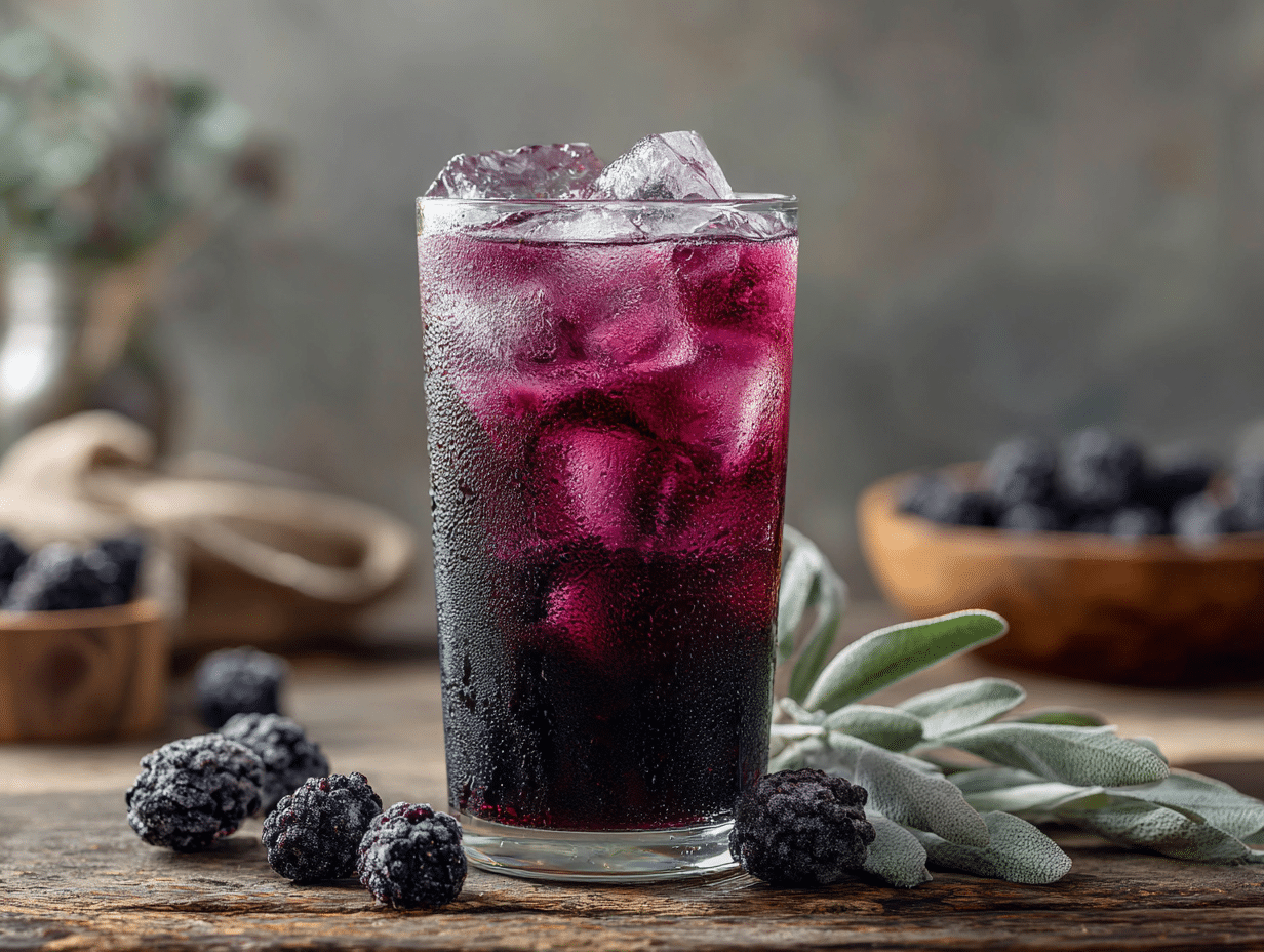 Head-on view of a Starbucks-style Midnight Drink copycat in a clear cup with blackberries and sage around it.