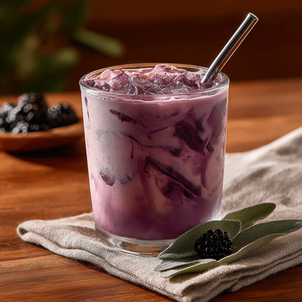A layered Starbucks Midnight Drink copycat in a clear glass with blackberries on marble.