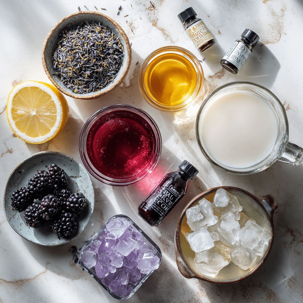 Flat lay of ingredients for a Starbucks Midnight Drink copycat with tea, syrups, coconut milk, and fruit.
