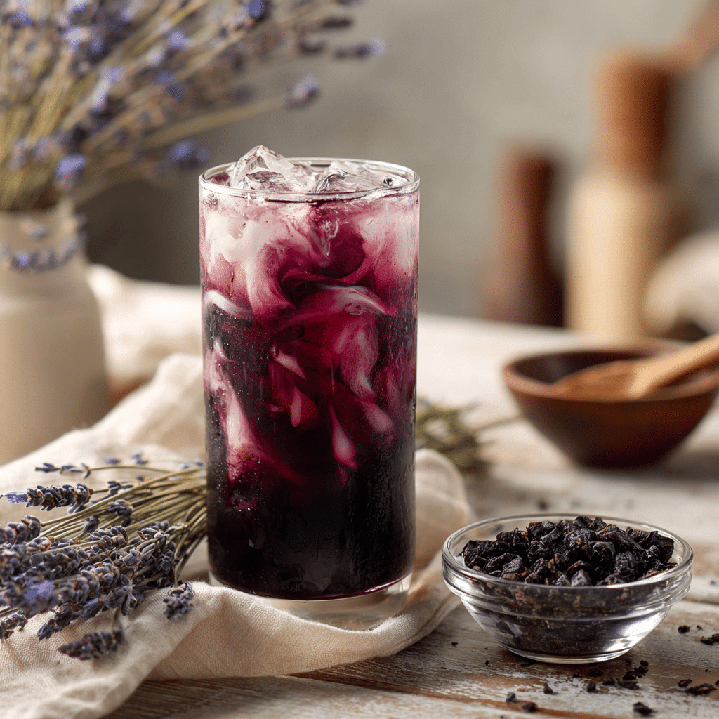 Creamy blended Starbucks Midnight Drink copycat with a straw and napkin on a wooden table.