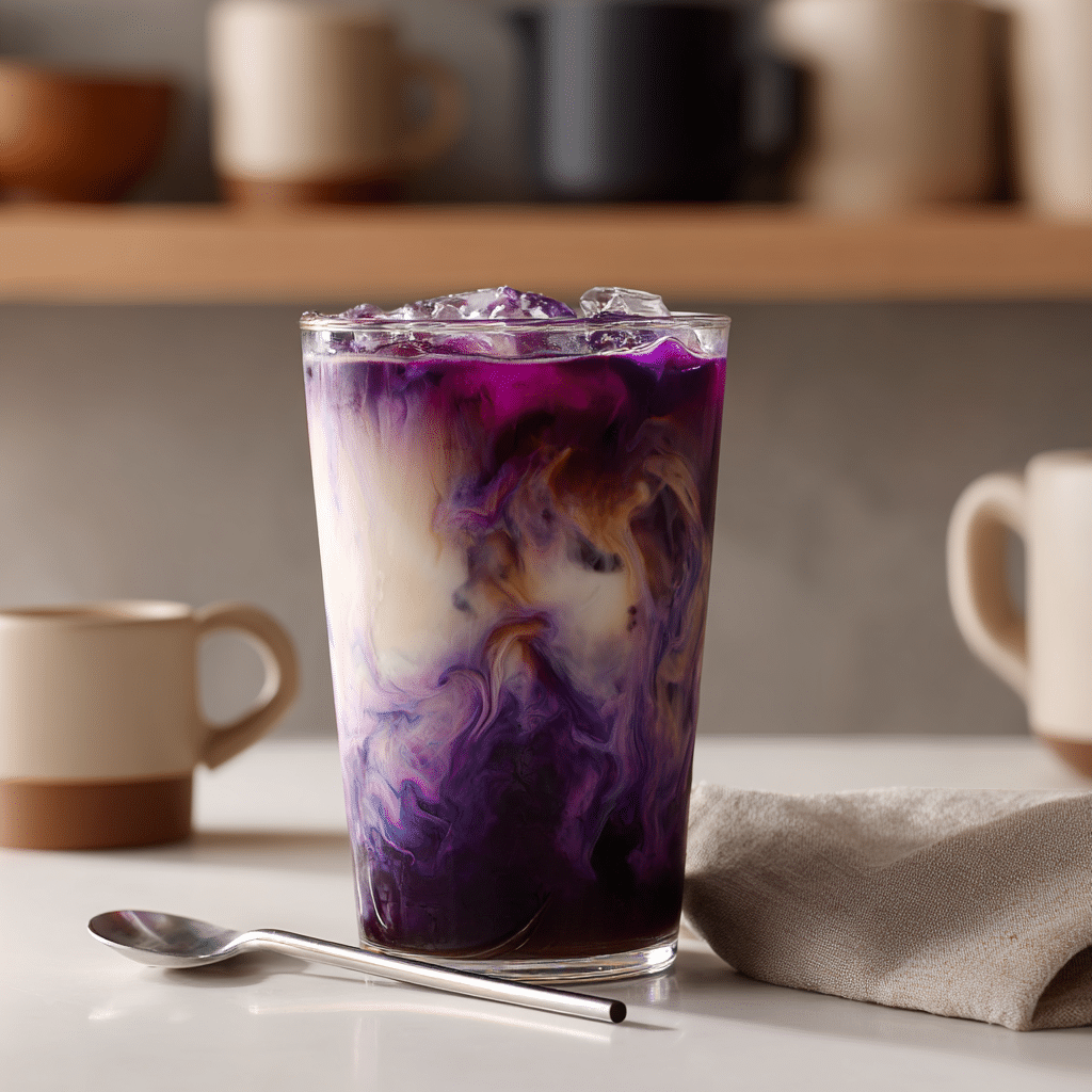 Iced ube coconut latte in a modern kitchen setting, served in a clear glass with purple and coffee layers.