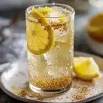 A close-up of a chilled Zepbound drink with chia, lemon, and ginger, garnished with a lemon slice and cinnamon, served in a clear glass.