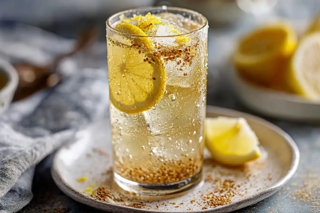 A close-up of a chilled Zepbound drink with chia, lemon, and ginger, garnished with a lemon slice and cinnamon, served in a clear glass.