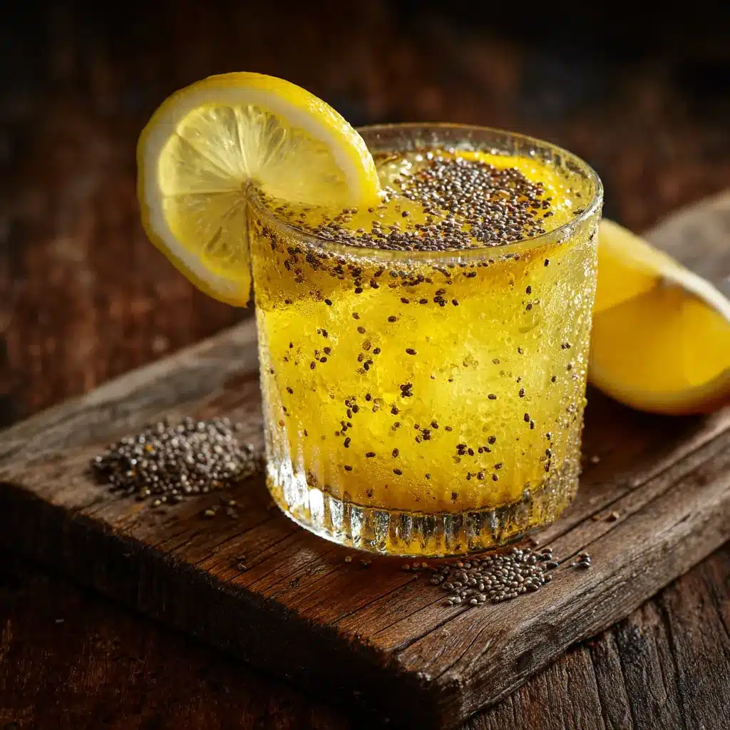 A finished Zepbound drink with lemon, chia, and ginger, styled on a kitchen counter.