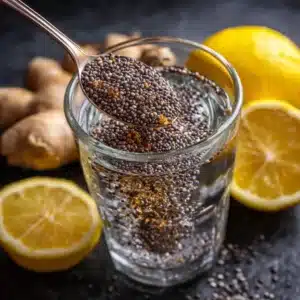 Chia seeds being stirred into water to begin a Zepbound drink.