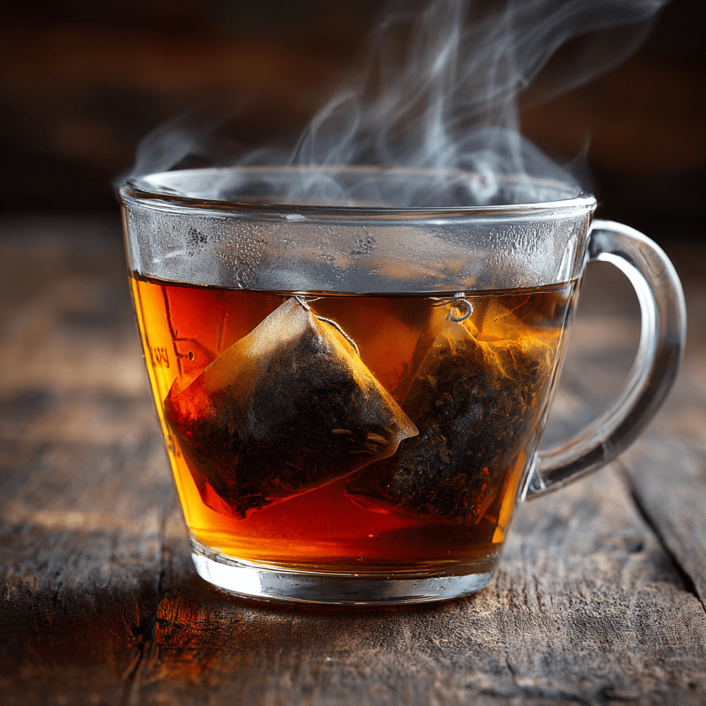 Black tea steeping in hot water in a glass measuring cup on a wooden surface.