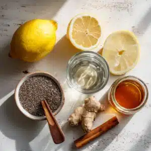 Flat lay of chia seeds, lemon, ginger, apple cider vinegar, and cinnamon for a Zepbound weight loss drink.