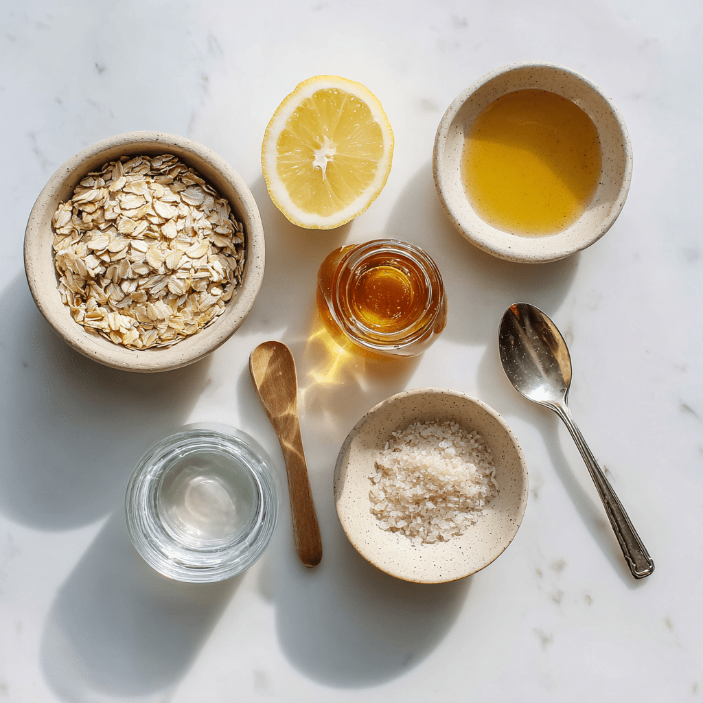 Flat lay of all ingredients for a zepbound natural oat and apple cider vinegar drink on a white surface.