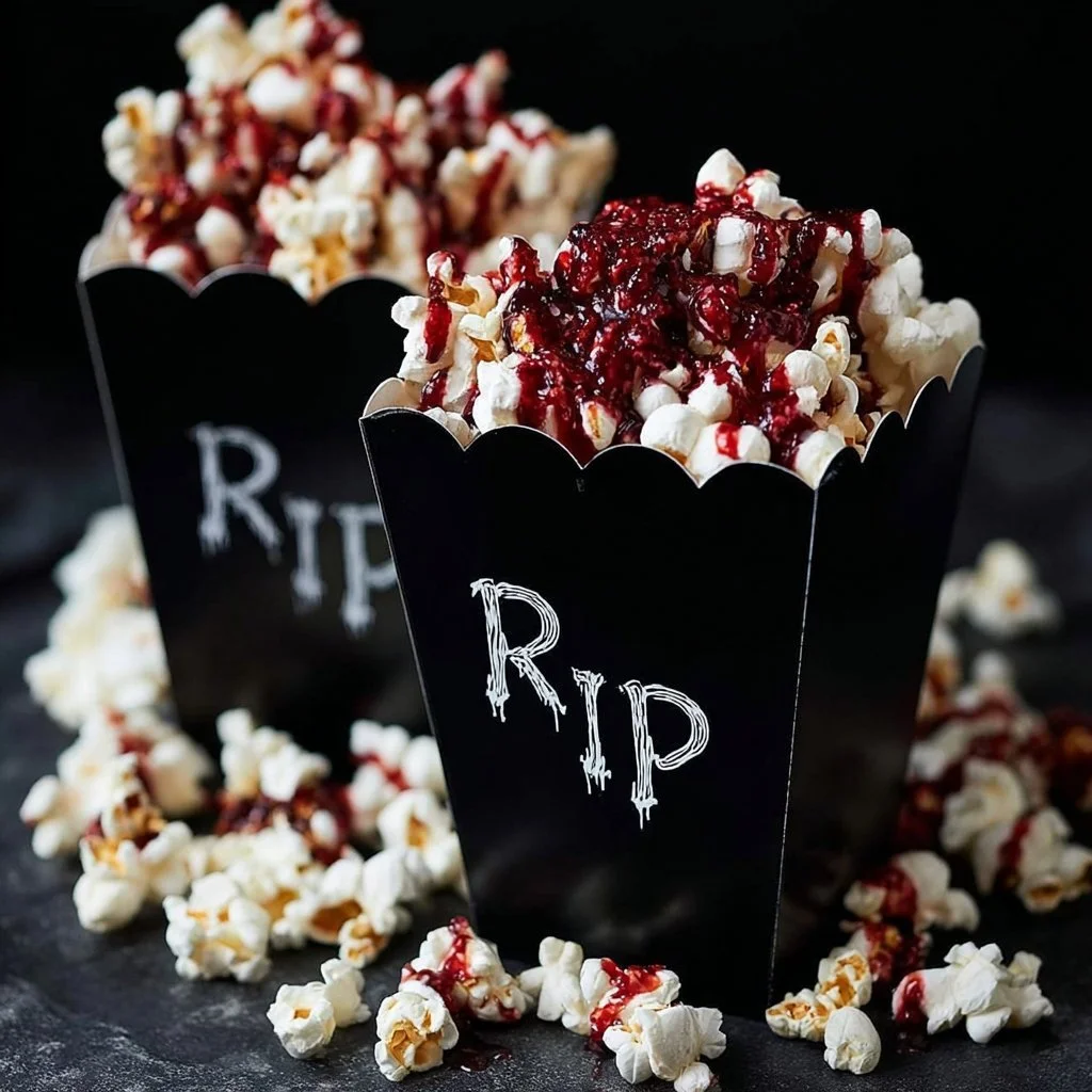 Delicious Bloody Popcorn in a spooky Halloween bowl.