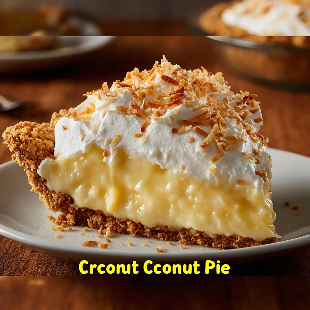 Delicious homemade Coconut Cream Pie topped with whipped cream and toasted coconut.