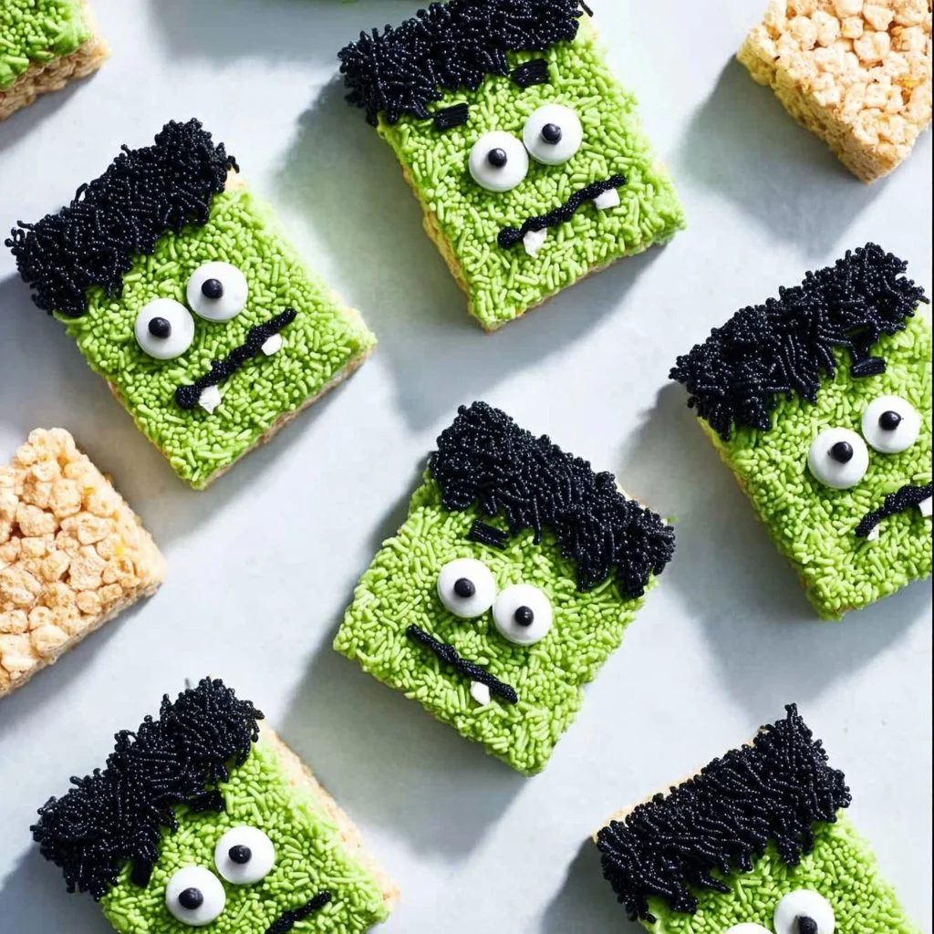 Halloween-themed Frankenstein Rice Krispie Treats decorated with spooky faces.