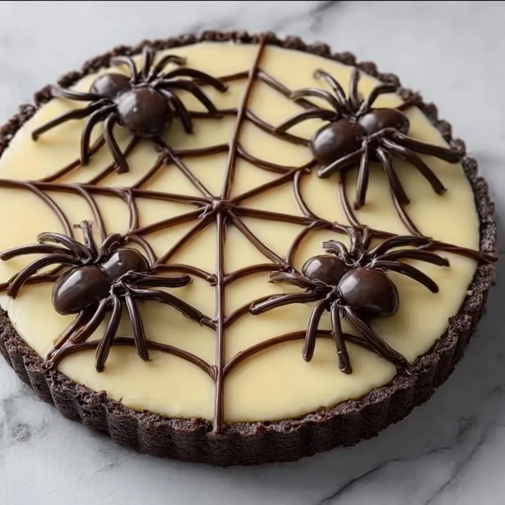 Halloween Chocolate Spiderweb Tart with chocolate and spooky design