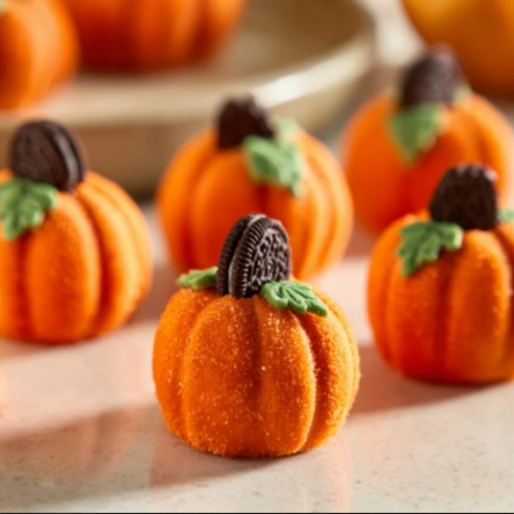 Delicious homemade Pumpkin Oreo Balls on a rustic table with autumn decorations